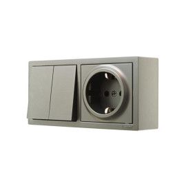 Блок ОП LETO (2-кл. выключатель + 1-м розетка с заземл.) горизонт. платина LEZARD 752-3500-170BKP