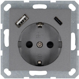 Розетка Shuko 16А с заземл. защ. шторки с 2-мя заряд. устройствами USB тип A+C 25Вт механизм алюм. Jasmart G5501USB-25S