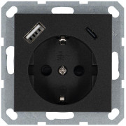 Розетка Shuko 16А с заземл. защ. шторки с 2-мя заряд. устройствами USB тип A+C 25Вт механизм антрацит Jasmart G5501USB-25B