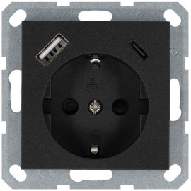 Розетка Shuko 16А с заземл. защ. шторки с 2-мя заряд. устройствами USB тип A+C 25Вт механизм антрацит Jasmart G5501USB-25B