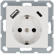 Розетка Shuko 16А с заземл. защ. шторки с 2-мя заряд. устройствами USB тип A+C 25Вт механизм бел. глянцевый Jasmart G5501USB-25W