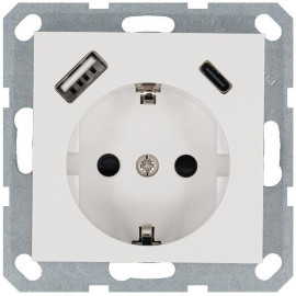 Розетка Shuko 16А с заземл. защ. шторки с 2-мя заряд. устройствами USB тип A+C 25Вт механизм бел. глянцевый Jasmart G5501USB-25W