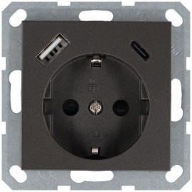 Розетка Shuko 16А с заземл. защ. шторки с 2-мя заряд. устройствами USB тип A+C 25Вт механизм мокко Jasmart G5501USB-25Z