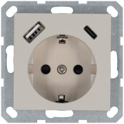 Розетка Shuko 16А с заземл. защ. шторки с 2-мя заряд. устройствами USB тип A+C 25Вт механизм тауп Jasmart G5501USB-25T