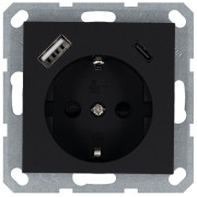 Розетка Shuko 16А с заземл. защ. шторки с 2-мя заряд. устройствами USB тип A+C 25Вт механизм черн. матов. soft touch Jasmart G5501USB-25PB