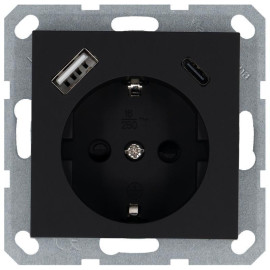 Розетка Shuko 16А с заземл. защ. шторки с 2-мя заряд. устройствами USB тип A+C 25Вт механизм черн. матов. soft touch Jasmart G5501USB-25PB