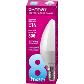 Лампа светодиодная 61 128 OLL-C37-8-230-6.5K-E14-FR 8Вт свеча 6500К холод. бел. E14 800лм 176-264В ОНЛАЙТ 61128