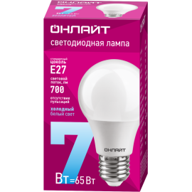 Лампа светодиодная 61 139 OLL-A60-7-230-6.5K-E27 7Вт грушевидная 6500К холод. бел. E27 700лм 176-264В ОНЛАЙТ 61139