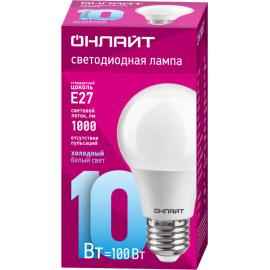 Лампа светодиодная 61 140 OLL-A60-10-230-6.5K-E27 10Вт грушевидная 6500К холод. бел. E27 1000лм 176-264В ОНЛАЙТ 61140