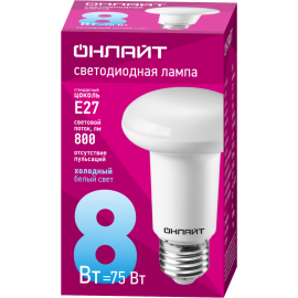 Лампа светодиодная 61 143 OLL-R63-8-230-6.5K-E27 8Вт 6500К холод. бел. E27 800лм 176-264В ОНЛАЙТ 61143