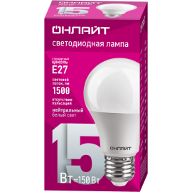 Лампа светодиодная 61 150 OLL-A60-15-230-4K-E27 15Вт грушевидная 4000К нейтр. бел. E27 1500лм 176-264В ОНЛАЙТ 61150
