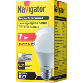 Лампа светодиодная 61 473 NLL-A60-7-12/24-4K-E27 7Вт грушевидная матовая 4000К нейтр. бел. E27 560лм 12-24В низковольтная Navigator 61473