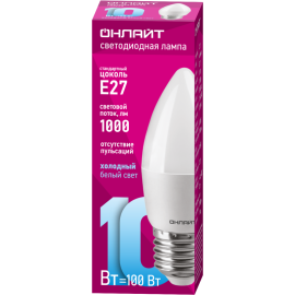 Лампа светодиодная 61 961 OLL-C37-10-230-6.5K-E27-FR 10Вт свеча 6500К холод. бел. E27 1000лм 176-264В ОНЛАЙТ 61961