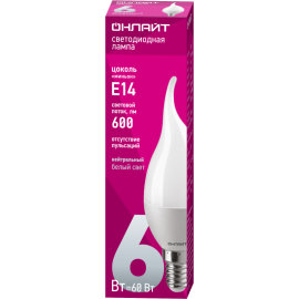 Лампа светодиодная 71 621 OLL-FC37-6-230-4K-E14-FR 6Вт свеча на ветру 4000К нейтр. бел. E14 600лм 176-264В ОНЛАЙТ 71621