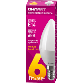 Лампа светодиодная 71 628 OLL-C37-6-230-2.7K-E14-FR 6Вт свеча 2700К тепл. бел. E14 600лм 176-264В ОНЛАЙТ 71628
