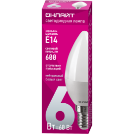 Лампа светодиодная 71 629 OLL-C37-6-230-4K-E14-FR 6Вт свеча 4000К нейтр. бел. E14 600лм 176-264В ОНЛАЙТ 71629
