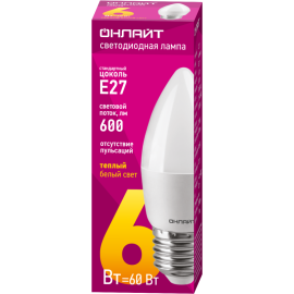 Лампа светодиодная 71 630 OLL-C37-6-230-2.7K-E27-FR 6Вт свеча 2700К тепл. бел. E27 600лм 176-264В ОНЛАЙТ 71630