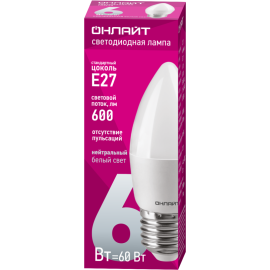 Лампа светодиодная 71 631 OLL-C37-6-230-4K-E27-FR 6Вт свеча 4000К нейтр. бел. E27 600лм 176-264В ОНЛАЙТ 71631