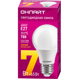 Лампа светодиодная 71 647 OLL-A60-7-230-2.7K-E27 7Вт грушевидная 2700К тепл. бел. E27 700лм 176-264В ОНЛАЙТ 71647