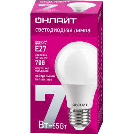 Лампа светодиодная 71 648 OLL-A60-7-230-4K-E27 7Вт грушевидная 4000К нейтр. бел. E27 700лм 176-264В ОНЛАЙТ 71648