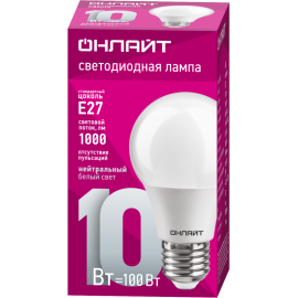 Лампа светодиодная 71 650 OLL-A60-10-230-4K-E27 10Вт грушевидная 4000К нейтр. бел. E27 1000лм 176-264В ОНЛАЙТ 71650