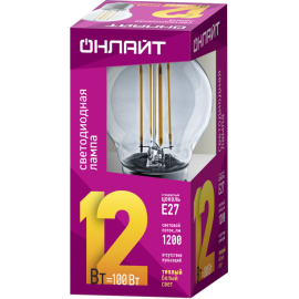 Лампа светодиодная филаментная 80 884 OLL-F-G45-12-230-2.7K-E27 12Вт шар прозрачная 2700К тепл. бел. E27 1200лм 220-240В ОНЛАЙТ 80884