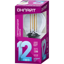 Лампа светодиодная филаментная 80 885 OLL-F-G45-12-230-4K-E27 12Вт шар прозрачная 4000К нейтр. бел. E27 1200лм 220-240В ОНЛАЙТ 80885