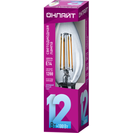 Лампа светодиодная филаментная 80 897 OLL-F-C35-12-230-4K-E14 12Вт свеча прозрачная 4000К нейтр. бел. E14 1200лм 220-240В ОНЛАЙТ 80897