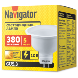 Лампа светодиодная 94 262 NLL-MR16-5-12-3K-GU5.3 5Вт 3000К тепл. бел. GU5.3 360лм 12В Navigator 94262