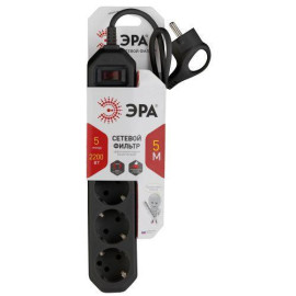 Удлинитель с сетевым фильтром 5х5м с заземл. 10А IP20 USF-5es-5m-B ПВС 3х0.75 с выкл. черн. Эра Б0019737