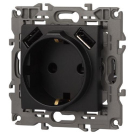 Розетка 16А 250В 2P+E с 2хUSB 5В-3А защ. шторки Elegance антрацит 14-4109-05 ЭРА Б0047871