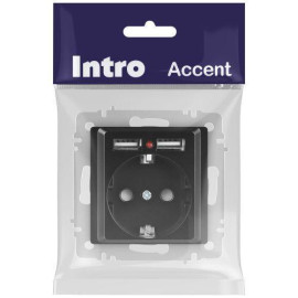 Розетка 1-м СП Accent 6-410-05 16А IP20 250В P+E Schuko + 2хUSB защ. шторки антрацит Intro Б0063698