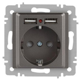 Розетка 1-м СП Accent 6-410-09 16А IP20 250В P+E Schuko + 2хUSB защ. шторки титан Intro Б0063711