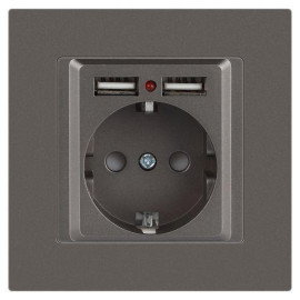 Розетка 1-м СП Accent 6-410-09 16А IP20 250В P+E Schuko + 2хUSB защ. шторки титан Intro Б0063711