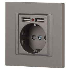 Розетка 1-м СП Accent 6-410-09 16А IP20 250В P+E Schuko + 2хUSB защ. шторки титан Intro Б0063711