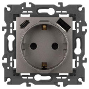 Розетка Elegance 14-4108-16 16A 250В 2P+E защ. шторки с USB type-A+C 3А 5В титан Эра Б0067695