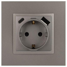 Розетка Elegance 14-4108-16 16A 250В 2P+E защ. шторки с USB type-A+C 3А 5В титан Эра Б0067695