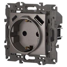 Розетка Elegance 14-4108-16 16A 250В 2P+E защ. шторки с USB type-A+C 3А 5В титан Эра Б0067695