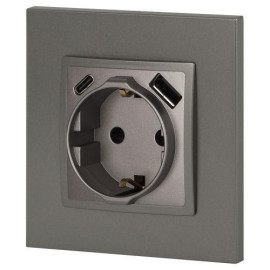 Розетка Elegance 14-4108-16 16A 250В 2P+E защ. шторки с USB type-A+C 3А 5В титан Эра Б0067695