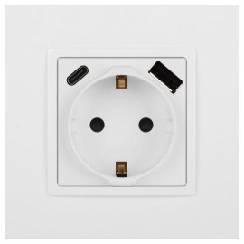 Розетка Elegance 14-4108-01М 16A 250В 2P+E защ. шторки с USB type-A+C 3А 5В матов. бел. Эра Б0067710