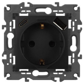Розетка Elegance 14-4108-05 16A 250В 2P+E защ. шторки с USB type-A+C 3А 5В антрацит Эра Б0067724