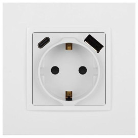 Розетка Elegance 14-4108-01 16A 250В 2P+E защ. шторки с USB type-A+C 3А 5В белый Эра Б0067736