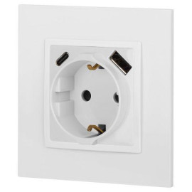 Розетка Elegance 14-4108-01 16A 250В 2P+E защ. шторки с USB type-A+C 3А 5В белый Эра Б0067736