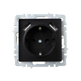 Розетка BRITE РЮш10-1-БрЧ 16А с USB A+A 2.1А с заземл. защ. шторки механизм черн. IEK BR-R14-16-U21-D21-K02