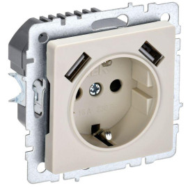 Розетка BRITE РЮш10-1-БрКр 16А с USB A+A 2.1А с заземл. защ. шторки механизм беж. IEK BR-R14-16-U21-D21-K10