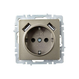 Розетка BRITE РЮш10-1-БрШ 16А с USB A+A 2.1А с заземл. защ. шторки механизм шампань IEK BR-R14-16-U21-D21-K37