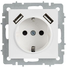 Розетка BRITE РЮш10-1-БрАБ 16А с USB A+A 2.1А с заземл. защ. шторки механизм арктич. бел. IEK BR-R14-16-U21-D21-K91