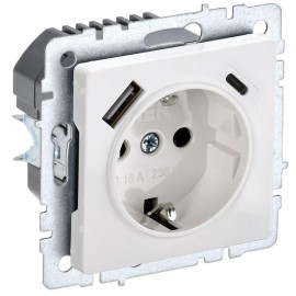 Розетка BRITE РЮш11-1-БрБ 16А с USB A+C 18Вт с заземл. защ. шторки механизм бел. IEK BR-R14-16-U22-018-K01