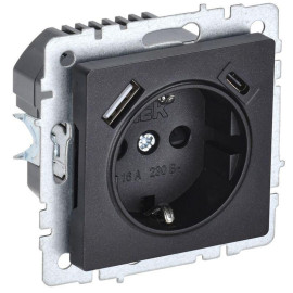 Розетка BRITE РЮш11-1-БрЧ 16А с USB A+C 18Вт с заземл. защ. шторки механизм черн. IEK BR-R14-16-U22-018-K02