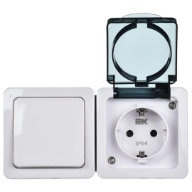 Блок ОП выключатель 1-кл. и розетка с заземл. контактом и крышкой для открытой установки бел. клавиша/дымчатая крышка БГб-22-31-ГПБд IP54 ГЕРМЕС PLUS IEK EBGMP20-K03-31-54-EC